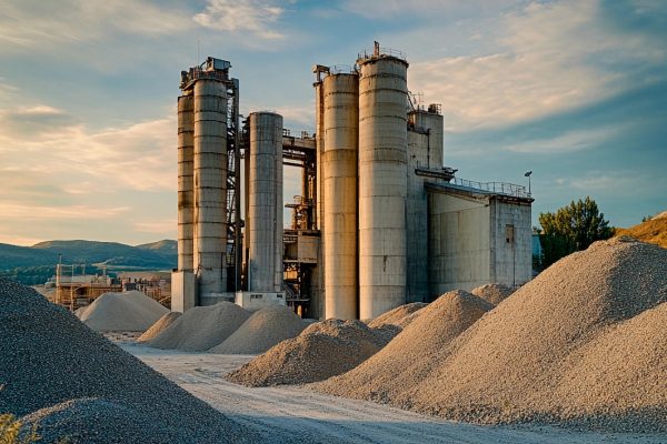 Rising silos loom over a dusty quarry, where large mounds of gravel are piled beneath a dramatic sky. The sunset casts warm hues, highlighting the rugged industrial setting of this extraction site.