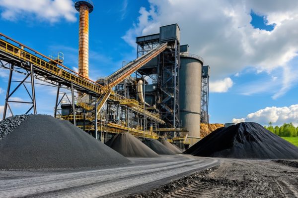 Industrial landscape with coal processing facilities and storage silos against a blue sky